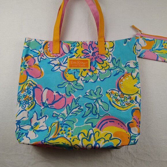 Lilly Pulitzer For Estee Lauder Tote Bag /Matching Coin Purse Floral - Picture 3 of 10